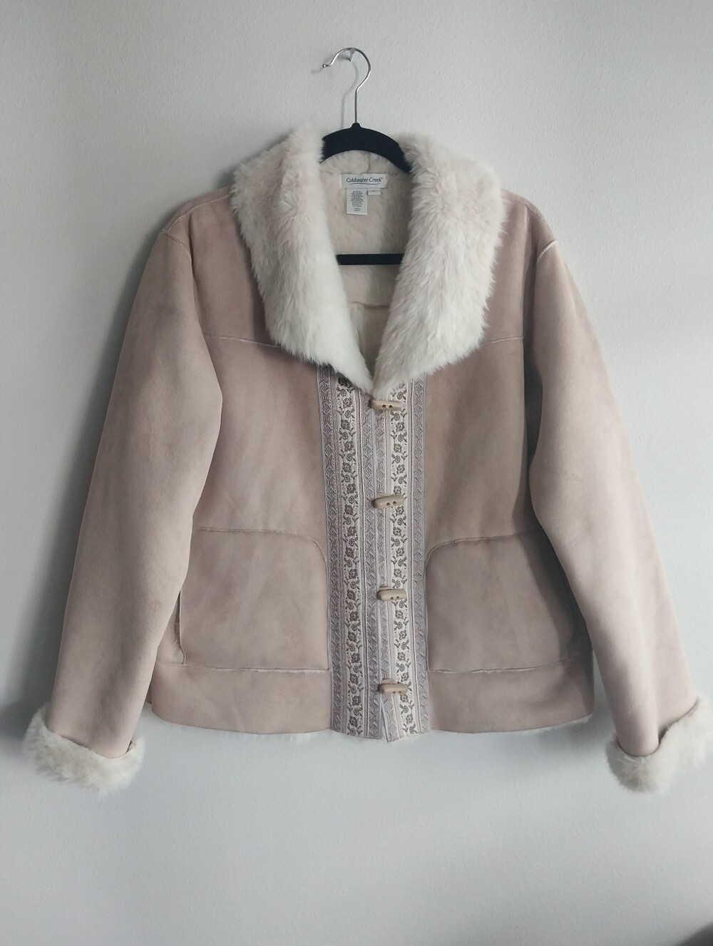 Coldwater Creek Tan & Cream Embroidered Faux Fur & Suede Toggle Closure Jacket